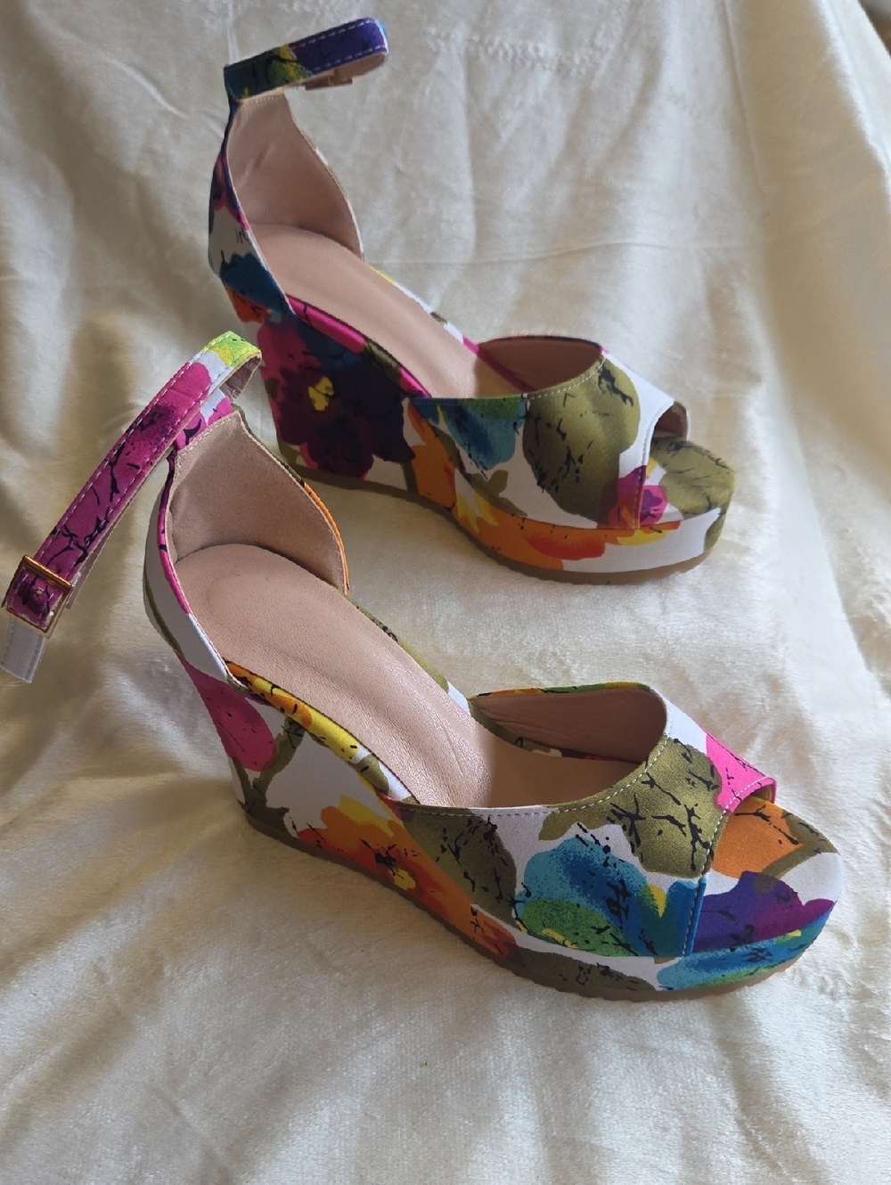 Floral Multicolor Platform Wedge Sandals with Ankle Strap